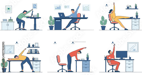Office Stretching and Workplace Exercise Vector Illustration Set Featuring Employees Doing Desk Yoga, Ergonomic Stretches, and Healthy Work Routine Activities