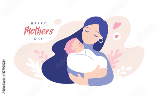Happy Mother's Day greeting card. Vector illustration of a little boy giving flower to his mother.

