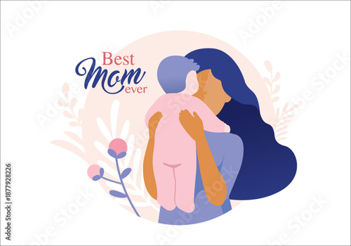 Happy Mother's Day greeting card. Vector illustration of a little boy giving flower to his mother.


