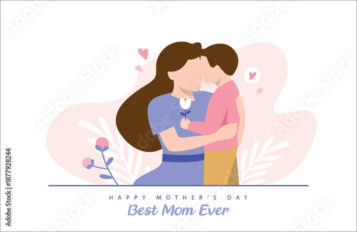 Happy Mother's Day greeting card. Vector illustration of a little boy giving flower to his mother.

