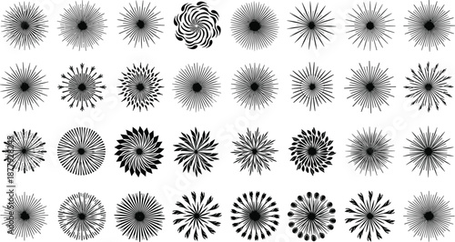 black radial sunburst and floral-like patterns with geometric symmetry, representing abstract design, visual complexity, and creative inspiration for art and education