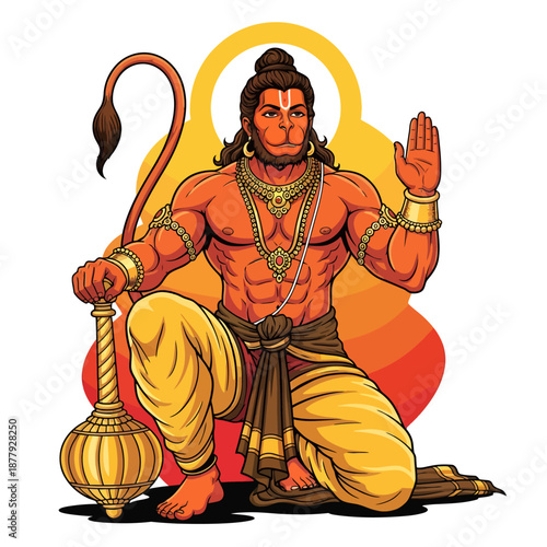 Hanuman ji kneeling in prayer with mace in hand, Indian mythology