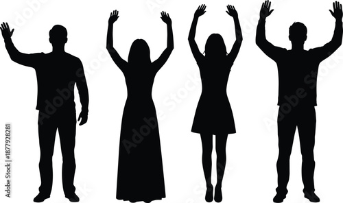 People raising hands silhouette group showing celebration, success and unity, human teamwork concept, victory, freedom, happiness and positive social emotion crowd standing together