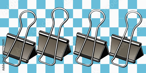 A collection of six binder clips arranged in various orientations against a transparent, checkered background. The binder clips are the primary subject, each featuring a matte black body with metallic