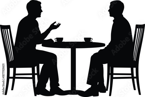 Two people conversation silhouette at cafe table showing business discussion, professional communication, negotiation and partnership meeting concept for interview, consulting and workplace dialogue