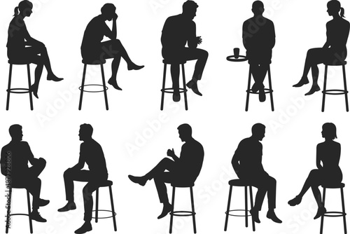 Seated people silhouettes CAD drawing flat vector illustration showing men and women sitting on stools, minimal black shapes for interior design, infographic, presentation,