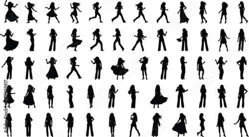 Cartoon-styblack female silhouettes in diverse poses and outfits, representing fashion, posture, gesture, and character design for animation, modeling, and educational reference