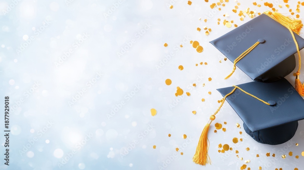 custom made wallpaper toronto digitalAcademic Journey's Commencement: Two graduation caps adorned with golden tassels and confetti, symbolize educational milestones and the promise of future endeavors. 