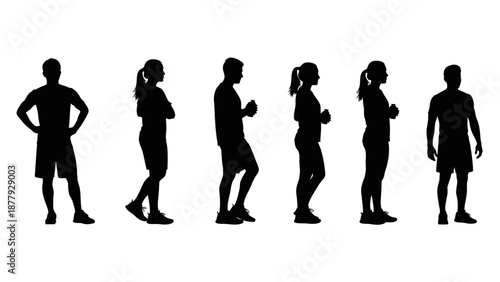 A professional vector illustration featuring a black silhouette crowd of business people, men, women, and families with children standing and walking as a team