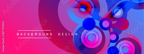 Abstract vibrant design features overlapping circles, gradients. Pink, purple, blue hues create dynamic visual effect. Text reads background design.