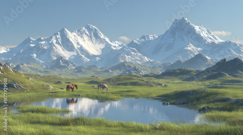The grasslands and herds of horses under the snow capped mountains