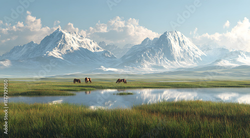 The grasslands and herds of horses under the snow capped mountains