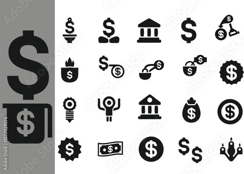 Collection of black and white money and finance icons