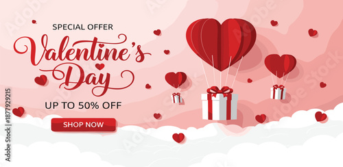 Valentine's Day special offer up to 50% off with gift boxes and hot air balloons on a pink background with clouds