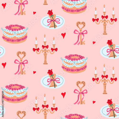Seamless pattern featuring romantic dinner elements including candelabra, cake, vintage key, and rose on plate, ideal for Valentine's Day designs