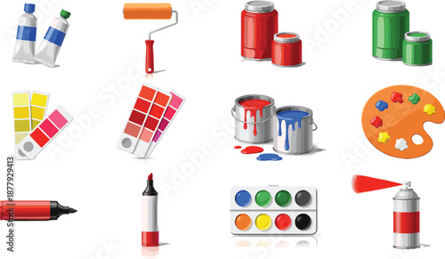 Painting Tools and Art Supplies Illustration Set with Paint Cans, Color Palette, Brushes, Rollers, Markers, and Spray Can for Creative Design Projects