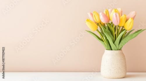 Wallpaper Mural Blossom Bouquet: An artistic vase holds a bouquet of fresh tulips against a soft, subtle background. Emphasizing the natural elegance and understated beauty of spring Torontodigital.ca