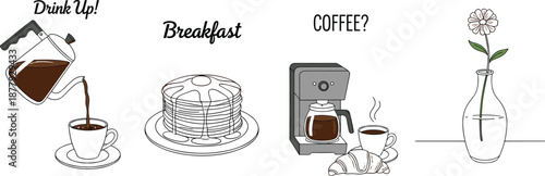 vector illustration of breakfast and coffee icons with pancakes, pot, machine, and flower vase for morning routine design