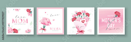 Set of Mother's day greeting cards with watercolor carnation flowers.

