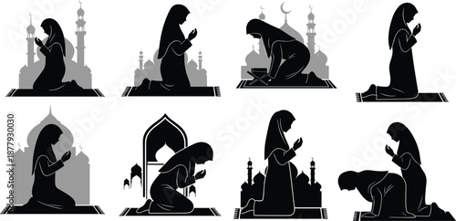 Islamic prayer postures with mosque background, Muslim worship silhouette, Salah ritual, cad drawing flat vector illustration, spiritual devotion, religious architecture