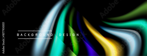 Abstract flowing shapes, vibrant colors over black background. Modern design element, dynamic curves create visual interest.
