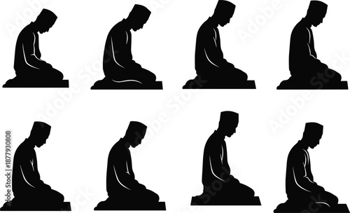 Muslim man seated prayer posture, Islamic meditation silhouette, spiritual devotion, religious ritual, cad drawing flat vector illustration, worship position, uniform kneeling pose