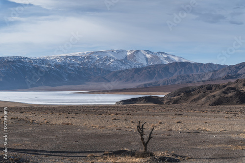 Stunning view of the dried-up Orto-Tokoy Reservoir in the Issyk-Kul region of Kyrgyzstan. The problem of water scarcity in Central Asia.