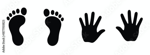 Childs foot and hand prints icon, vector on isolated white background, minimal baby footprint and handprint illustration suitable for nursery design, kids products, parenting graphics