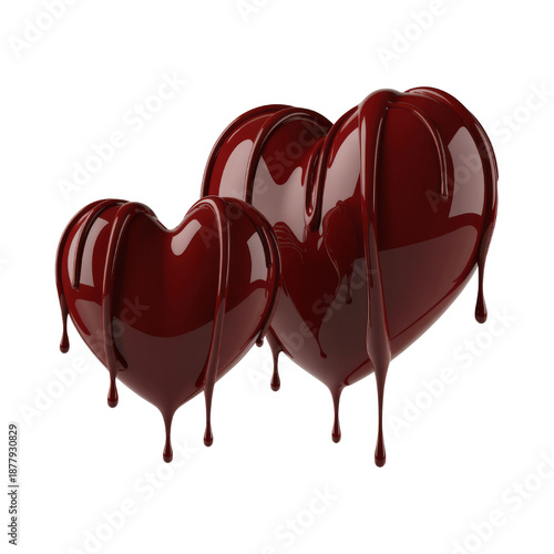 Two glossy dark red hearts with rich liquid dripping, resembling melting chocolate, symbolizing love and passion, isolated on transparent background.