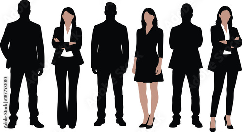 Business identity icon set, silhouette and detailed figures, professional attire theme, anonymity and diversity graphics, vector illustrations