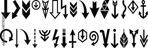 Arrow icon set, stylized downward vector illustrations, geometric and decorative designs, UI navigation theme, graphic elements, directional symbols