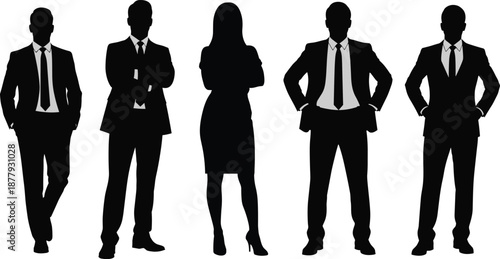 Business team icon set, black silhouette illustrations, professional attire theme, confident poses, corporate identity, vector graphics