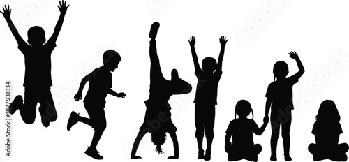 Children play icon set, black silhouette illustrations, joyful poses and gestures, childhood theme, vector graphics, activity and motion design