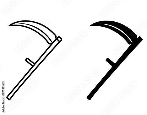 Agriculture icon, scythe illustration in outline and silhouette style
