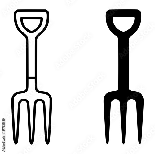 Agriculture icon, garden fork illustration in outline and silhouette style