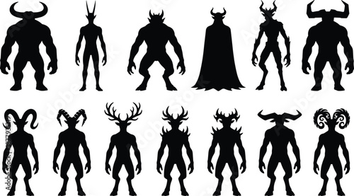 Horned creature icon set, black silhouette illustrations, fantasy character poses, demon and deity theme, vector graphics, mythological design