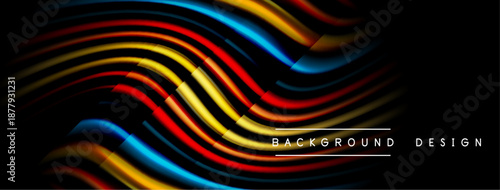 Abstract colorful lines create dynamic wave pattern. Dark background emphasizes vibrant hues, modern design element.