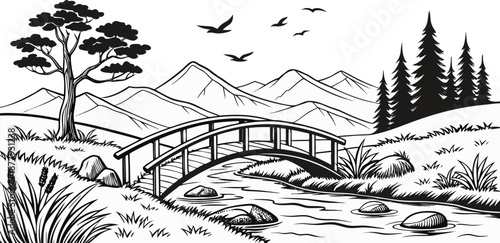 A black and white illustration of a serene landscape. A wooden arched bridge is centered, spanning a flowing river. The river flows from the foreground towards the middle ground. Large, smooth rocks a