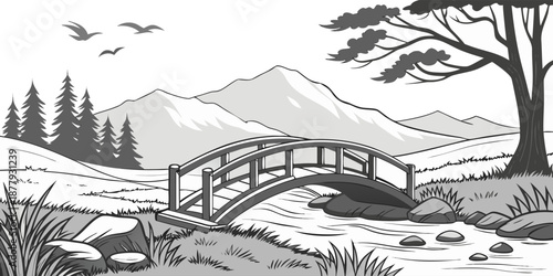 A black and white illustration of a serene landscape. A wooden arched bridge is centered, spanning a flowing river. The river flows from the foreground towards the middle ground. Large, smooth rocks a