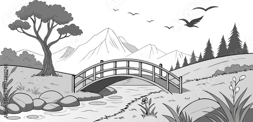 A black and white illustration of a serene landscape. A wooden arched bridge is centered, spanning a flowing river. The river flows from the foreground towards the middle ground. Large, smooth rocks a