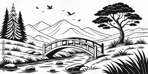 A black and white illustration of a serene landscape. A wooden arched bridge is centered, spanning a flowing river. The river flows from the foreground towards the middle ground. Large, smooth rocks a