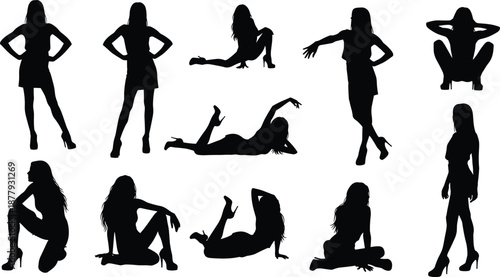 Human pose icon set, black silhouette illustrations, expressive standing, sitting, squatting, lying positions, gesture theme, vector graphics