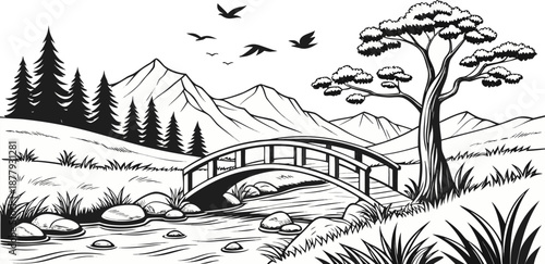 A black and white illustration of a serene landscape. A wooden arched bridge is centered, spanning a flowing river. The river flows from the foreground towards the middle ground. Large, smooth rocks a