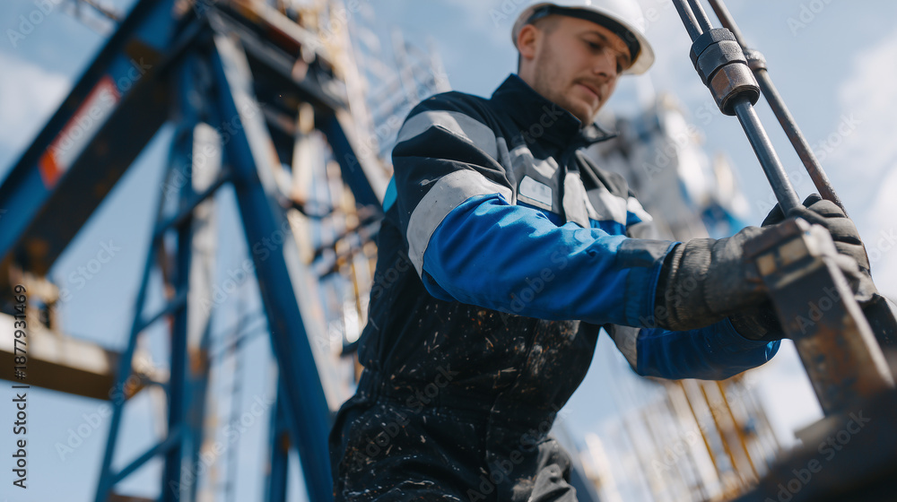 Obraz premium Close-up shot of a worker tightening bolts on an oil pump unit, textured steel and layered machinery dominating the frame, cold northern oil field atmosphere, realistic lighting an