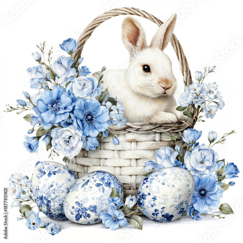 Easter bunny in a basket surrounded by blue flowers and decorated eggs during spring