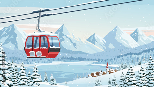 Ski Resort Cable Car Scenic Mountain Landscape in Winter Snow - Vector Illustration