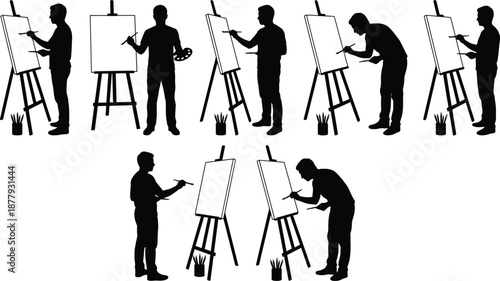 Painter icon set, black silhouette illustrations, easel and brush poses, artistic activity theme, creative posture, vector graphics