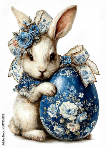 Bunny holding blue flower decorated egg with flowers in a spring scene
