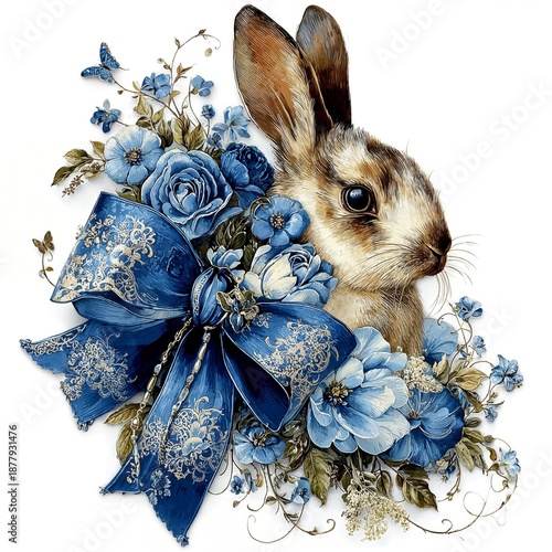Rabbit surrounded by blue flowers and a bow in a floral setting during springtime in a garden