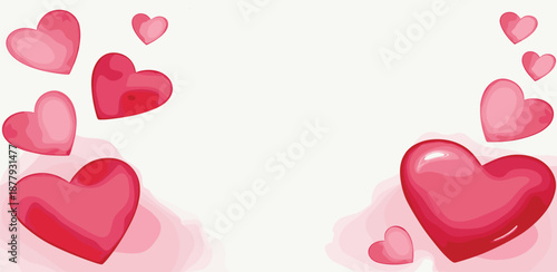 Vibrant pink and red hearts, featuring glossy and soft watercolor textures, artfully scattered on a pristine background. This illustration evokes love, romance, and celebration